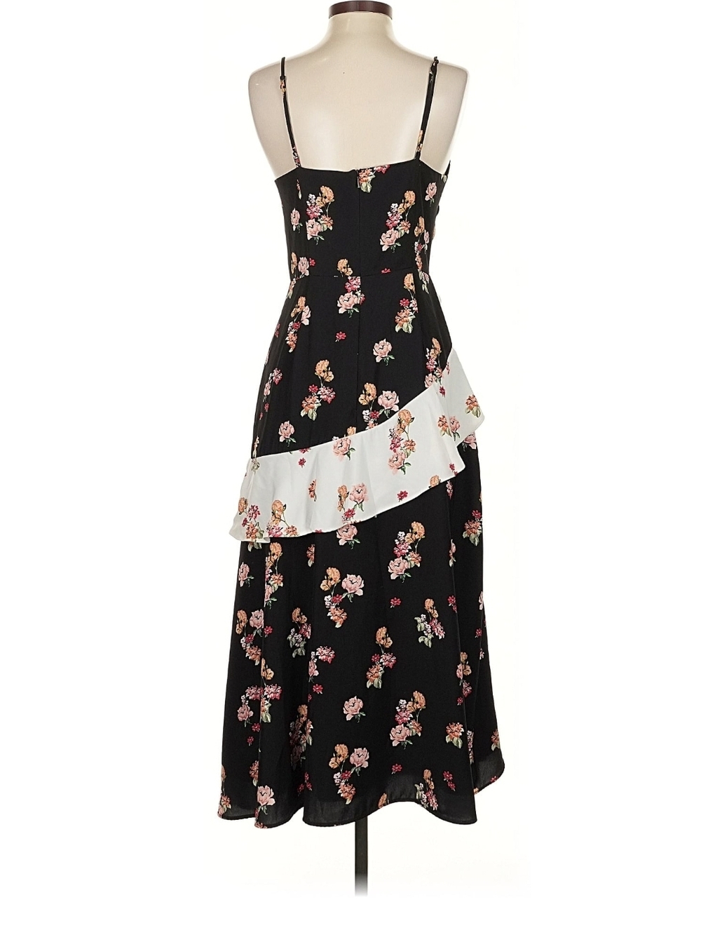 KEEPSAKE the Label Black Floral Midi Dress with White Ruffle